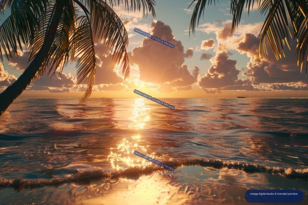 Golden sunrise over a tropical ocean, framed by arching palm fronds, glowing clouds, rippling waves, and wet sand.