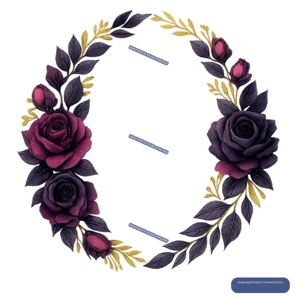 Oval floral frame with dark purple roses, burgundy buds, plum leaves, and gold botanical sprigs surrounding a transparent center.
