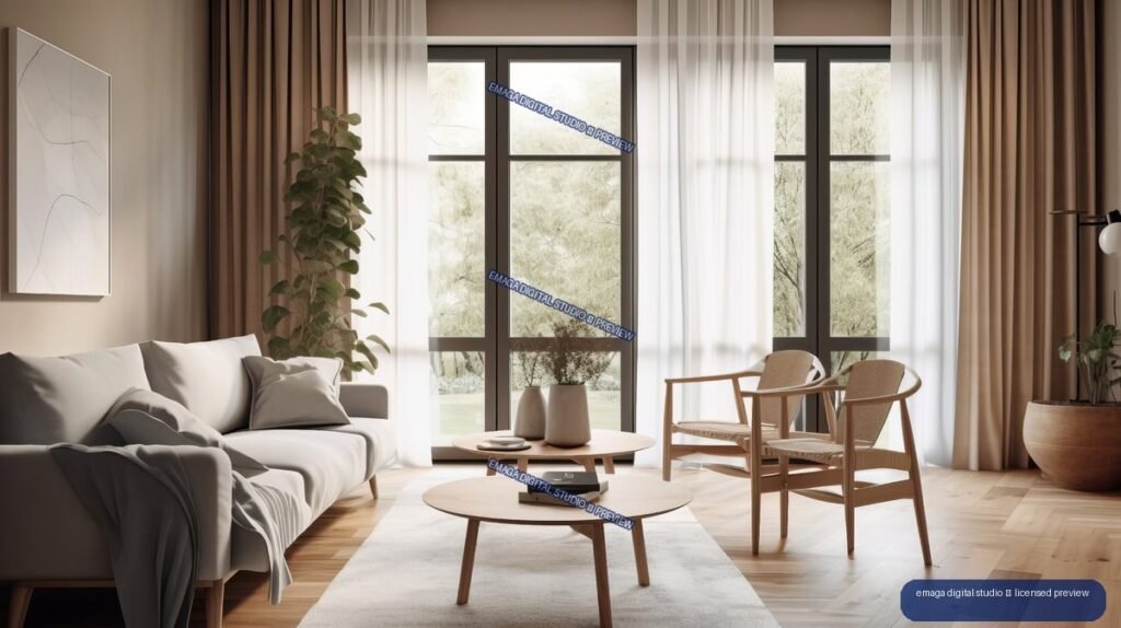 Minimalist Japandi living room with sofa, wooden tables, lounge chairs, plants, large windows, and neutral decor.