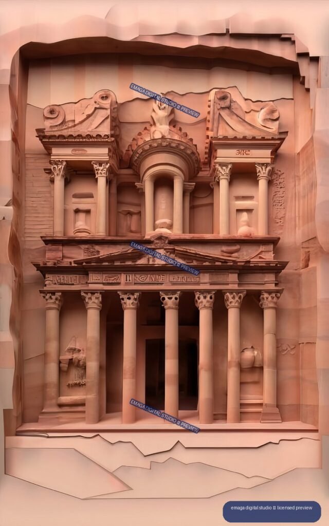 Warm terracotta architectural artwork showing Petra’s ornate Treasury facade with columns, reliefs, and layered paper-like edges.