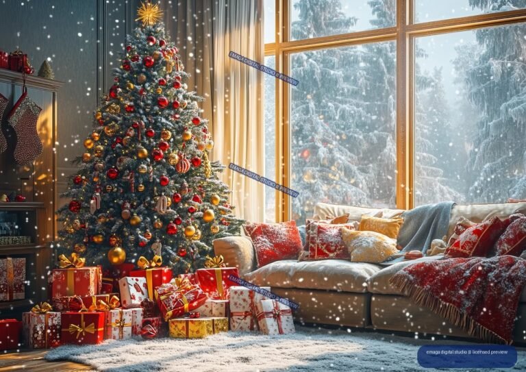 Christmas Morning Living Room with Decorated Tree and Gifts - No. 001370