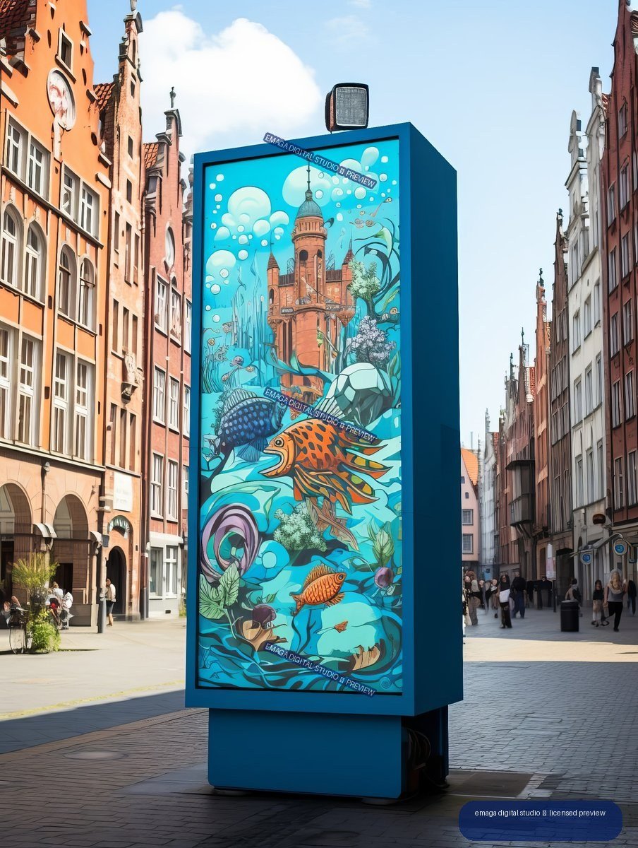 Blue street display featuring an underwater mural with fish and a red-brick tower, surrounded by historic buildings.