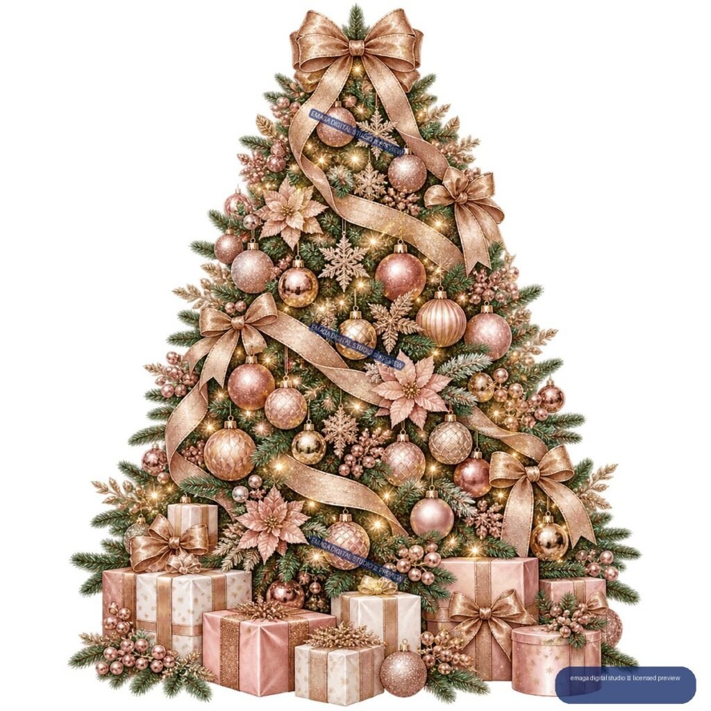 Ornately decorated Christmas tree with rose gold ribbons, ornaments, flowers, lights, and wrapped gifts at the base.