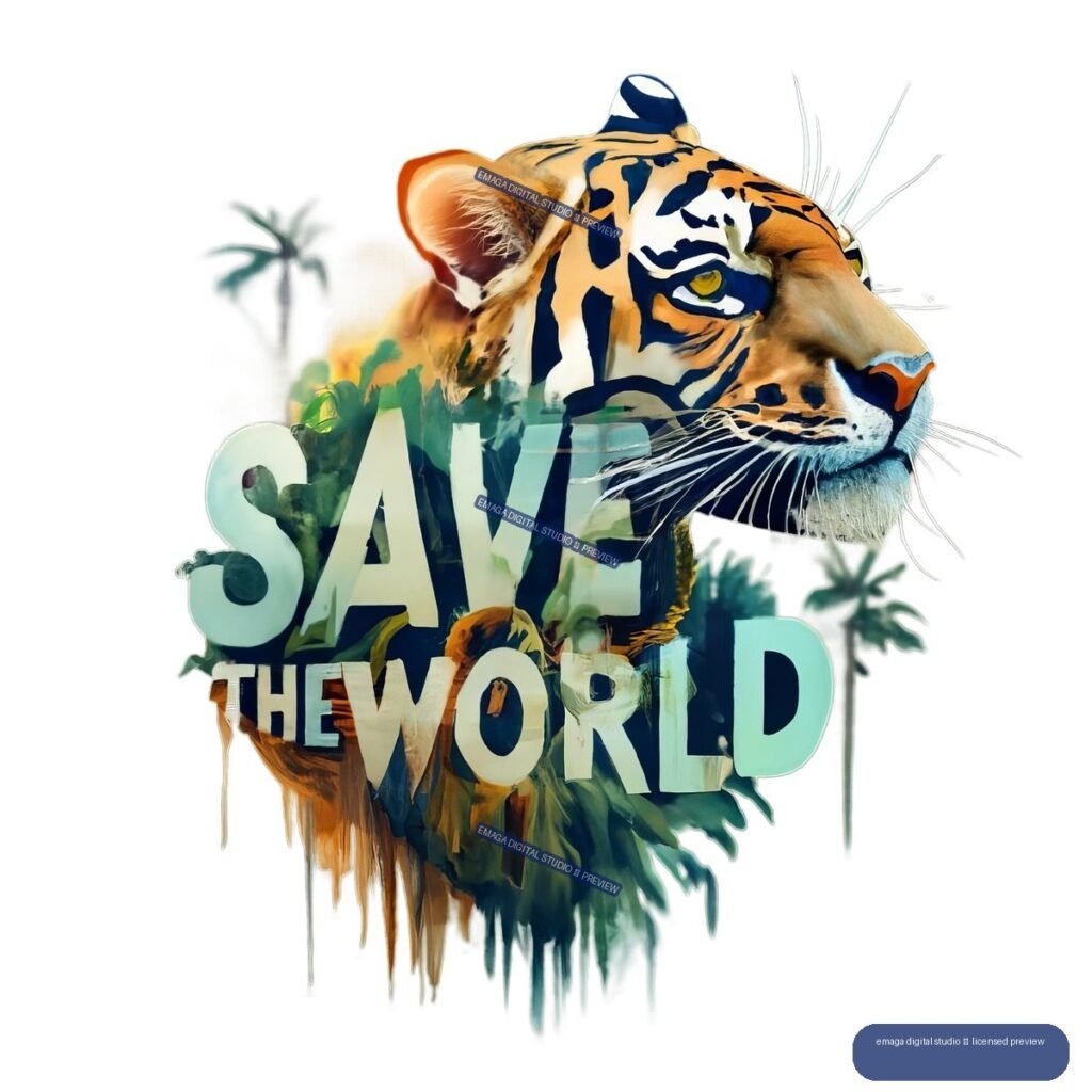 Stylized tiger portrait with palm trees, foliage, and large lettering reading “SAVE THE WORLD.”