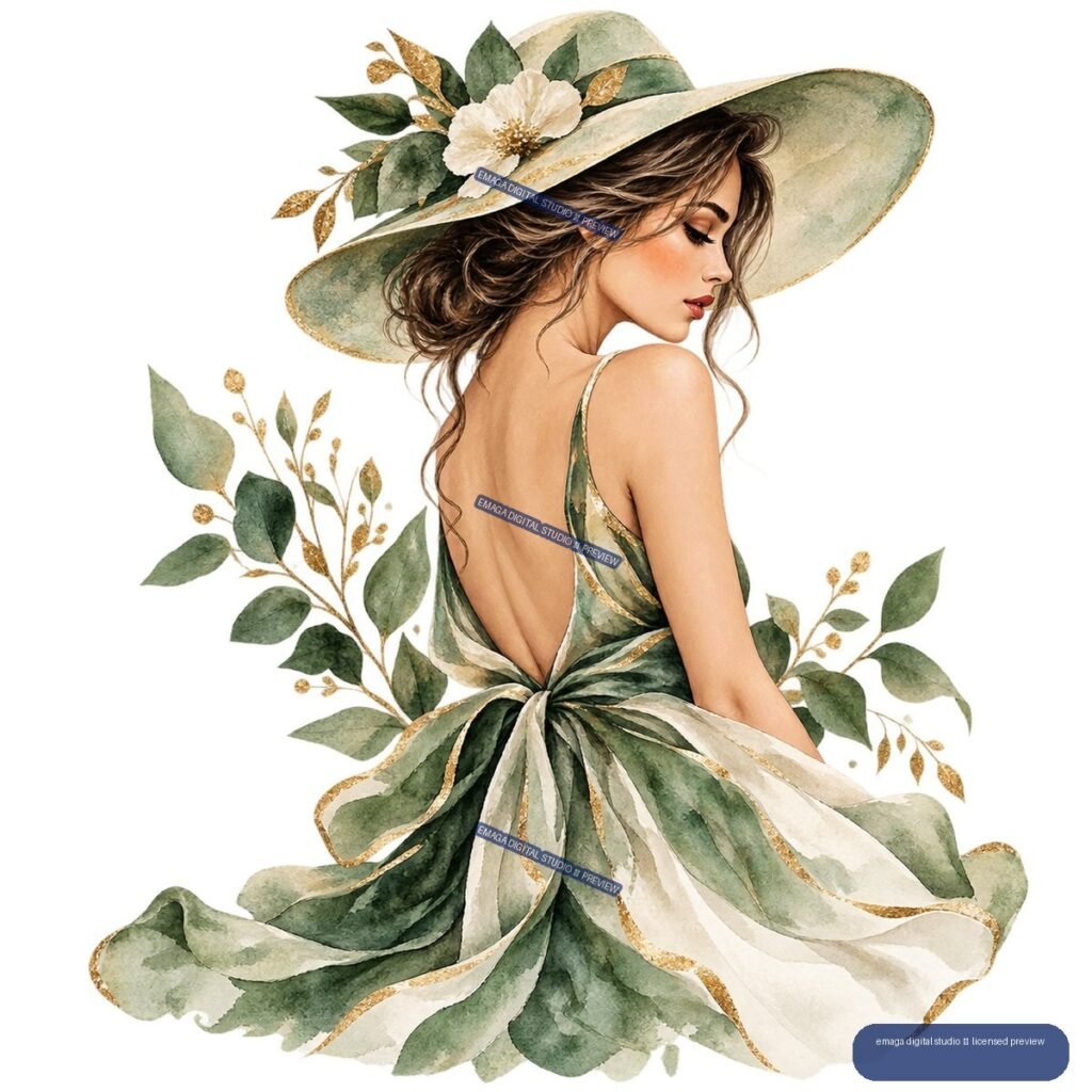 Watercolor illustration of a woman in profile wearing a floral hat and flowing green botanical dress, surrounded by leaves and sprigs.