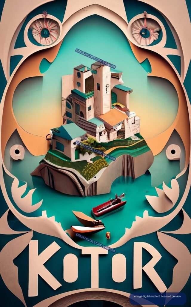 Surreal travel poster for Kotor showing turquoise water, clustered coastal buildings, boats, giant stylized eyes, and bold KOTOR lettering.