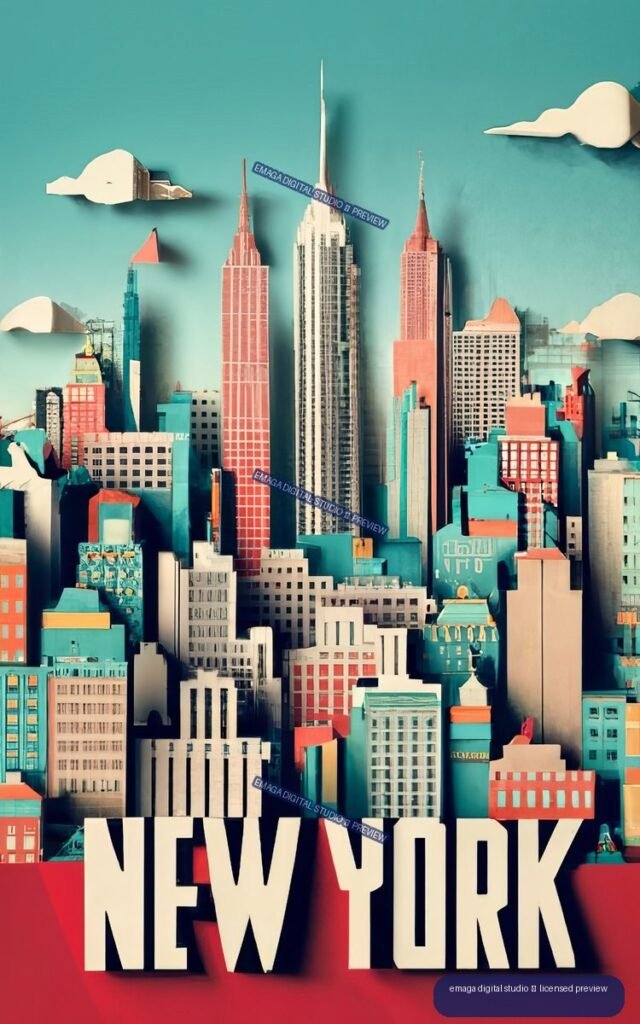Stylized colorful New York City skyline poster with tall skyscrapers, clouds, and large NEW YORK lettering at the bottom.