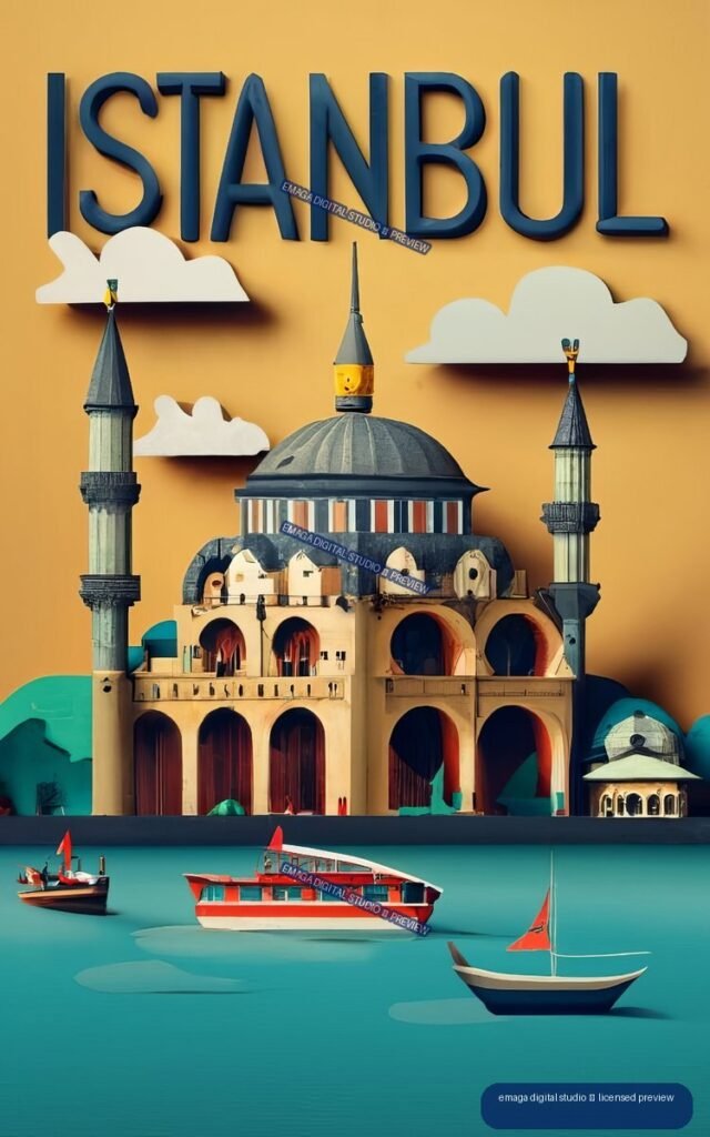 Stylized Istanbul poster showing a domed mosque, minarets, clouds, and colorful boats on turquoise water.