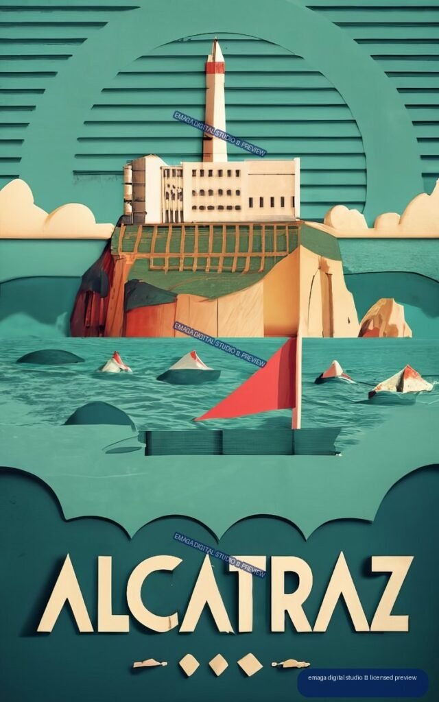 Stylized vintage poster of Alcatraz Island above teal water, with sailboats and large ALcatraz lettering.