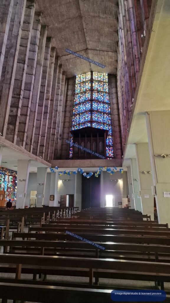 Stained glass and organ inside a church in Casablanca, Morocco