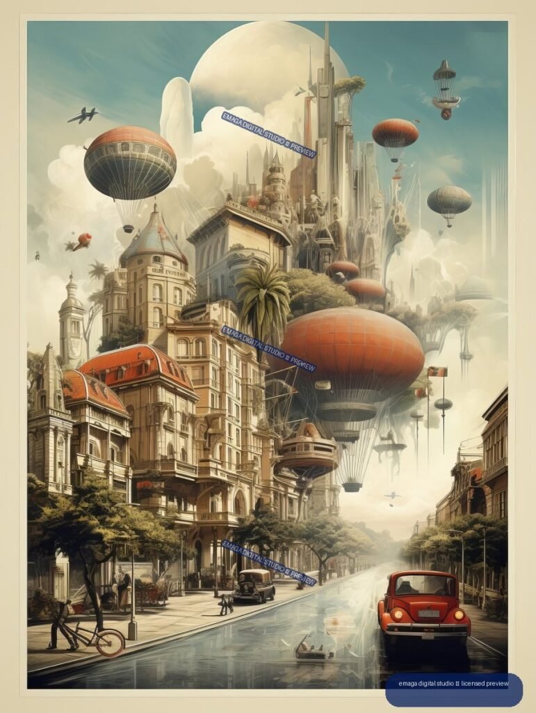 Vintage-style illustrated city street with ornate buildings, futuristic towers, hot-air balloons, airships, palm trees, and vintage cars.