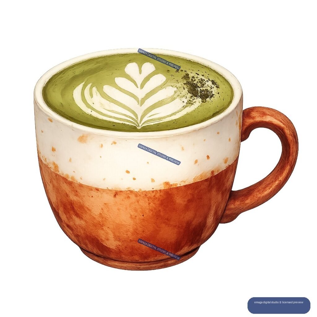 Watercolor illustration of a brown and cream cup filled with green matcha latte and leafy foam art.