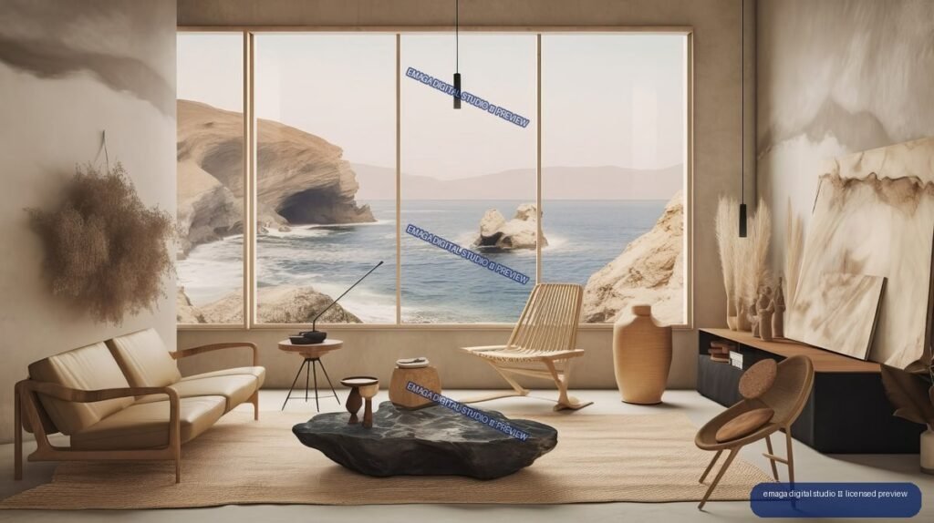 Minimalist Japandi living room with wooden furniture and large windows overlooking a rocky coastline.