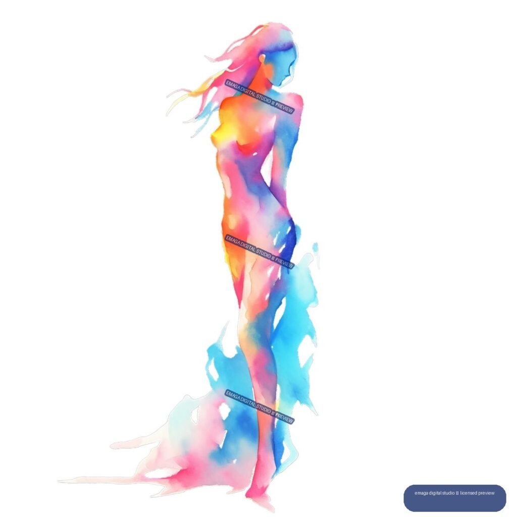 Colorful watercolor silhouette of a nude female figure in profile with flowing hair and abstract splashes around her legs.