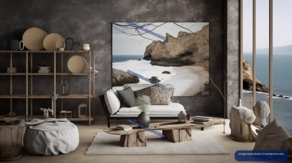 Minimalist Japandi living room with a white sofa, wood furniture, ceramics, coastal wall art, and ocean views through tall windows.
