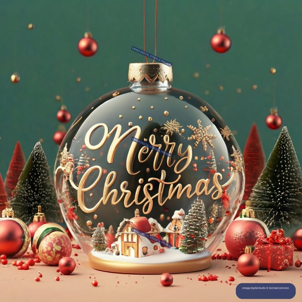 Large glass Christmas ornament reading Merry Christmas, surrounded by miniature trees, baubles, gifts, and festive decorations.