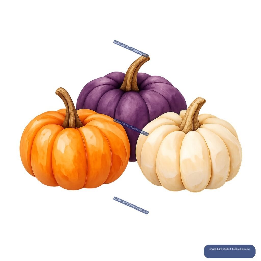Three ribbed pumpkins in orange, cream, and purple, clustered together with curved brown stems.