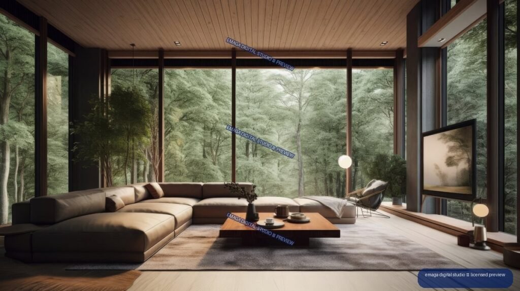 Minimalist wood-paneled living room with a sectional sofa and coffee table, surrounded by floor-to-ceiling windows overlooking a lush forest.