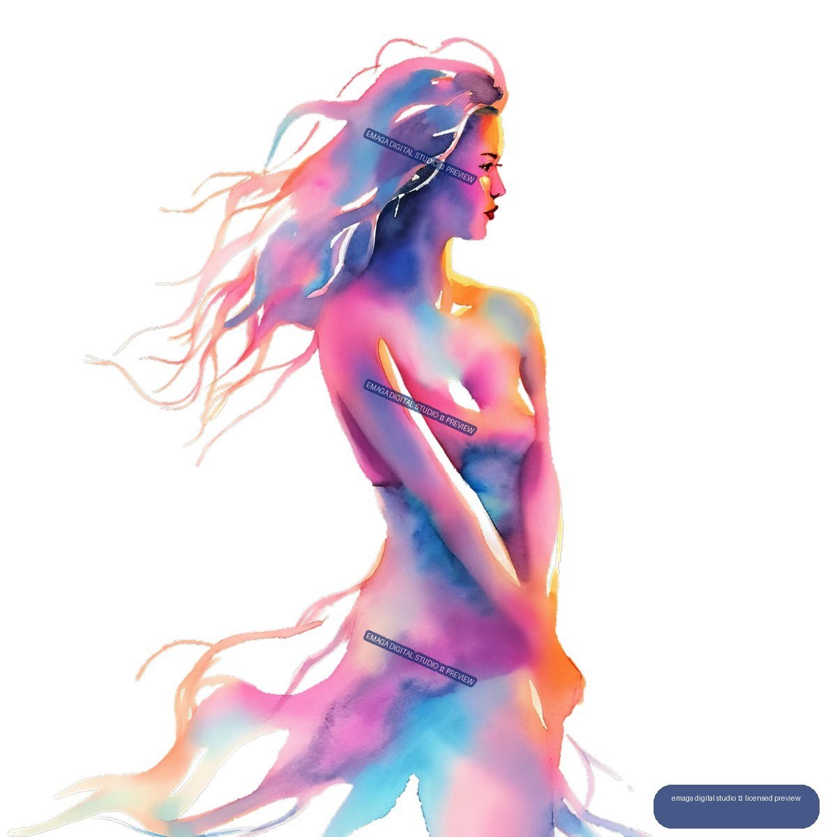 Colorful watercolor-style nude woman in profile with long flowing hair, isolated on transparency.