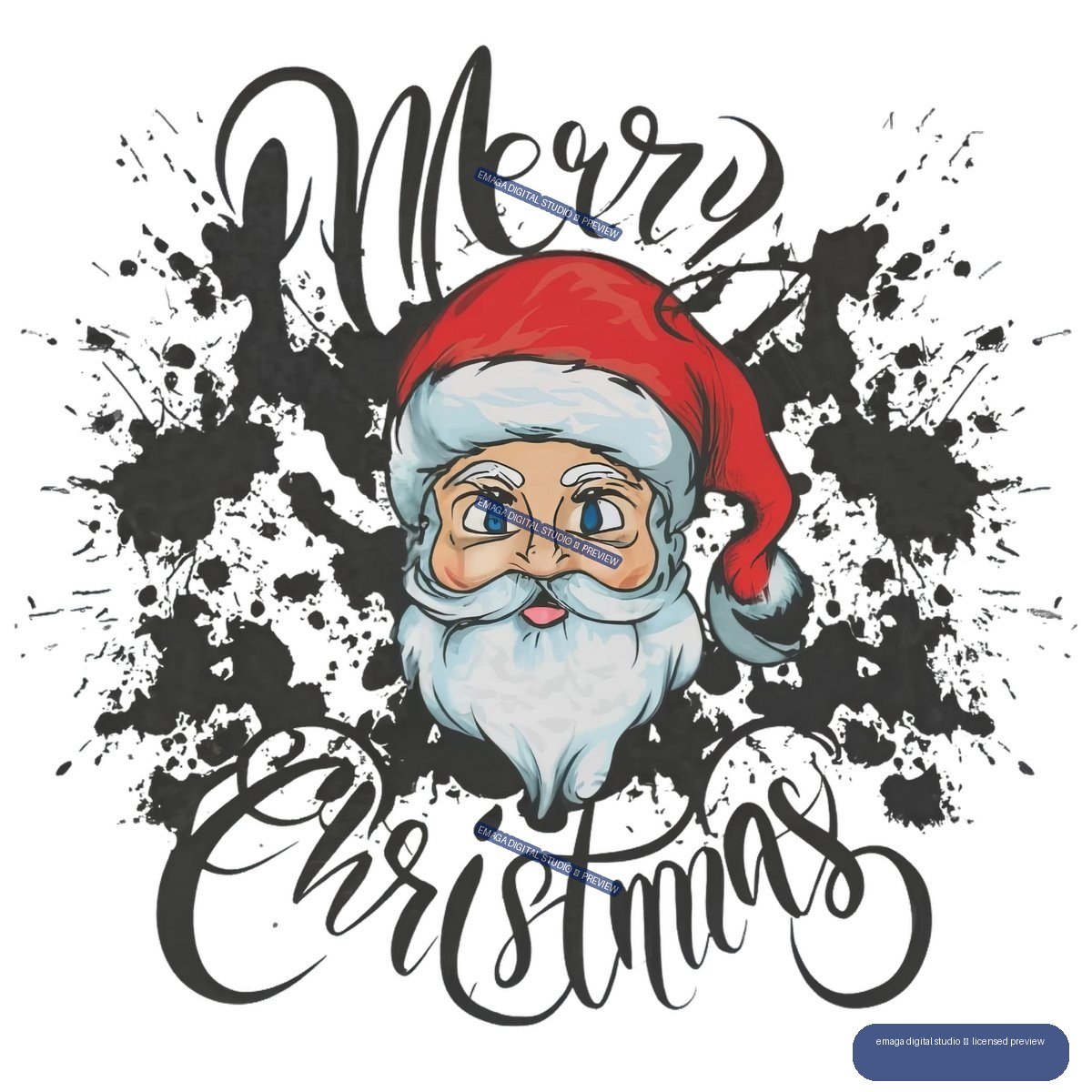 Santa Claus portrait between black script lettering reading “Merry Christmas,” surrounded by black ink splatters.