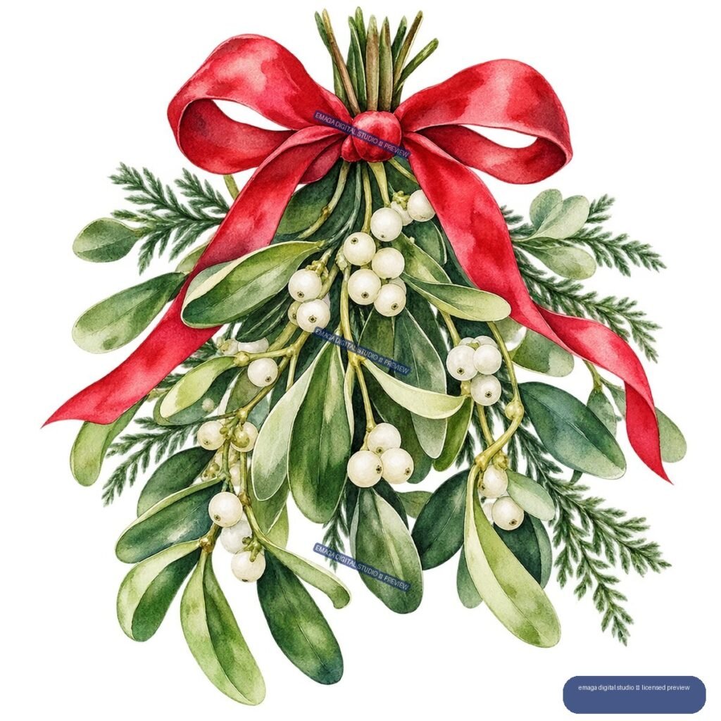 Watercolor Christmas arrangement with a large red bow, evergreen sprigs, green leaves, and white berry clusters.