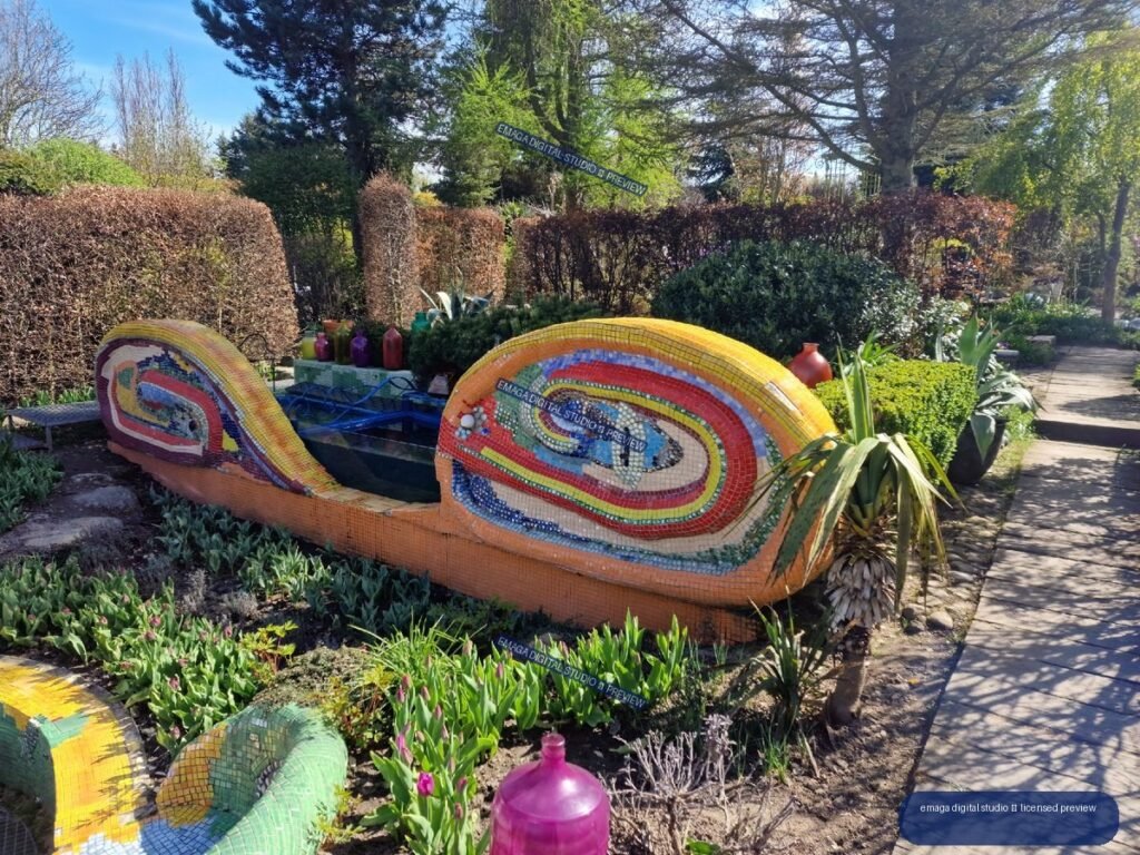 Colorful Mosaic Garden Sculpture Surrounded by Spring Plantings — Hortulus Gardens, Dobrzyca
