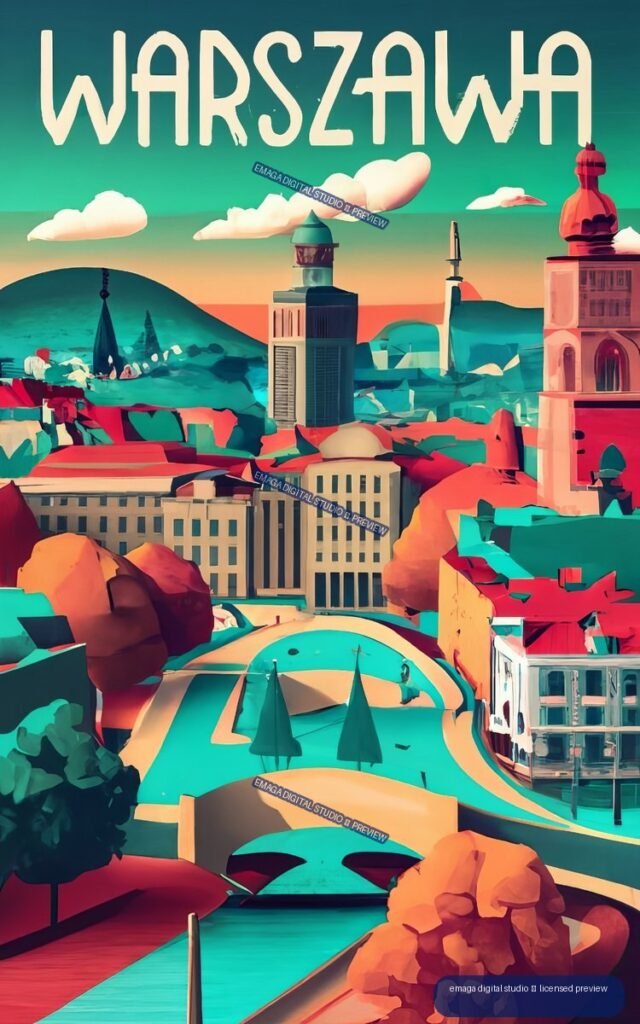 Stylized colorful Warsaw cityscape with large WARSZAWA lettering, towers, rooftops, hills, parkland, and turquoise water.