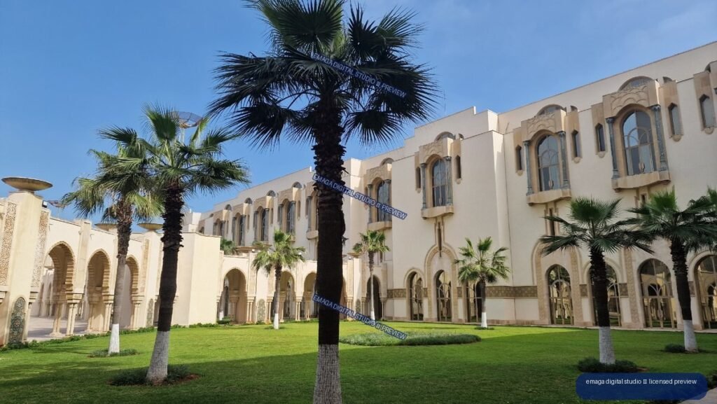 Palms and Arched Courtyard Architecture Under a Clear Blue Sky — Casablanca, Morocco