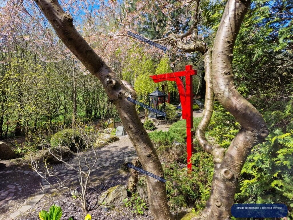 Red garden gateway and lantern at Hortulus Gardens, Dobrzyca, Poland