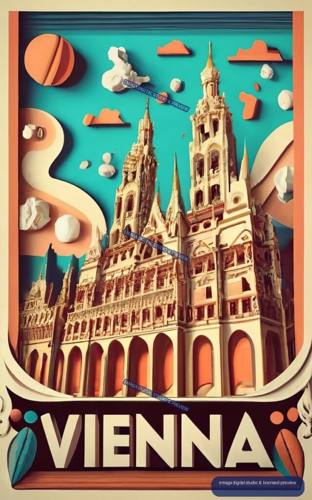 Stylized vintage-modern poster of ornate Vienna historic architecture beneath a turquoise sky, with large VIENNA lettering at the bottom.
