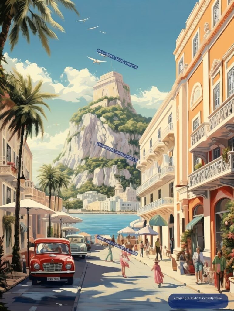 Stylized vintage travel poster showing a Gibraltar waterfront street, palm trees, colorful buildings, pedestrians, and the Rock of Gibraltar in the background.