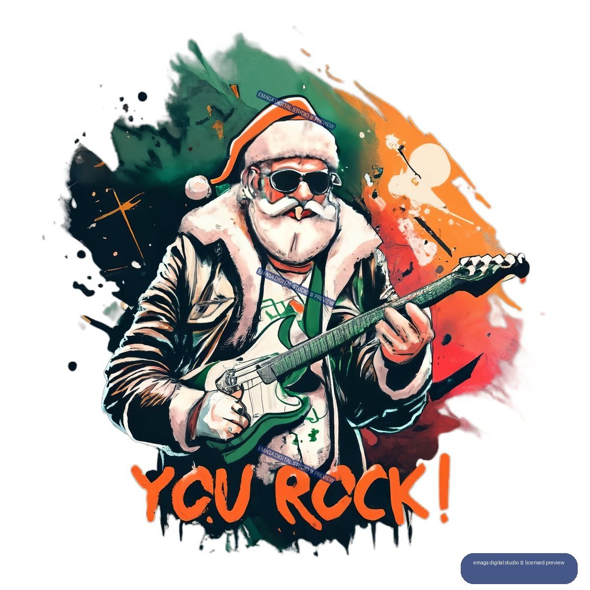 Illustrated Santa Claus in sunglasses and a Santa hat plays an electric guitar above bold orange text reading “YOU ROCK!”