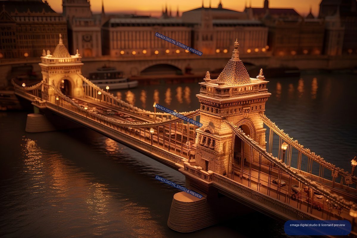 Illuminated Szechenyi Chain Bridge crossing dark water at dusk, with ornate towers and Budapest architecture behind it.