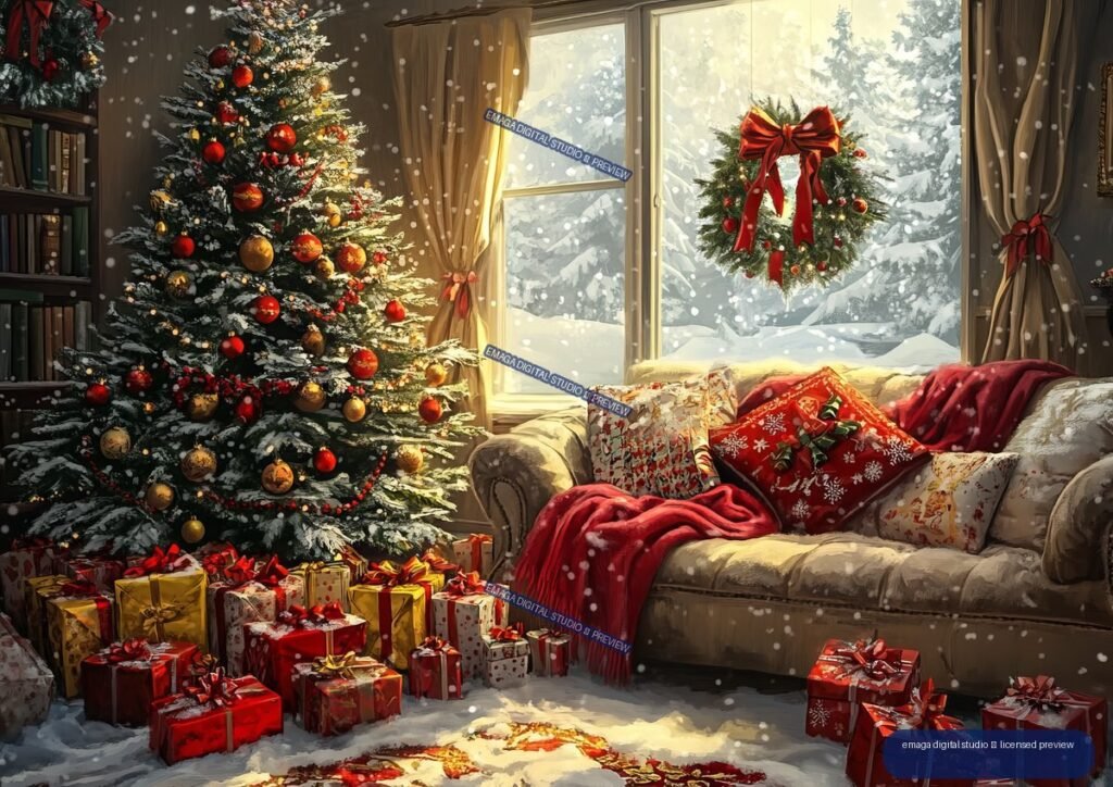 Festive living room with decorated Christmas tree, wrapped presents, sofa, wreath, and snowy window.