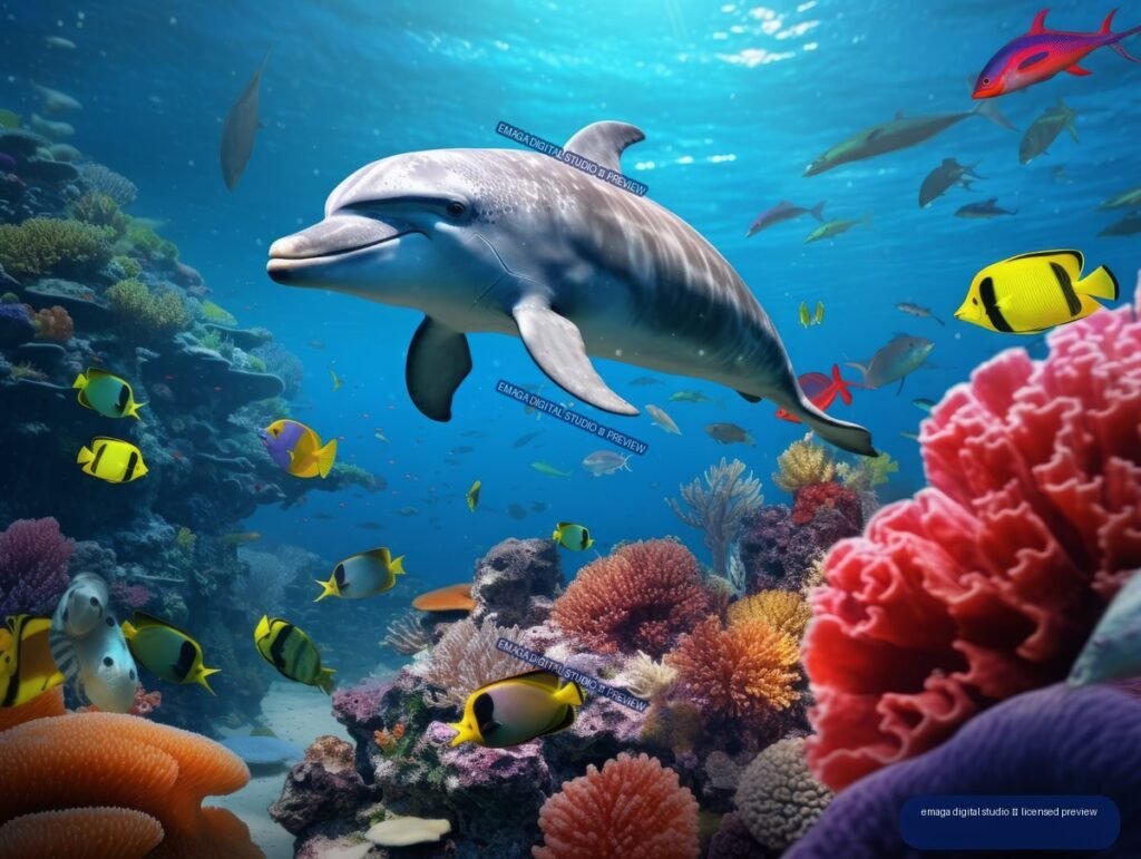 Bottlenose dolphin swimming above a colorful coral reef surrounded by tropical fish in blue underwater light.