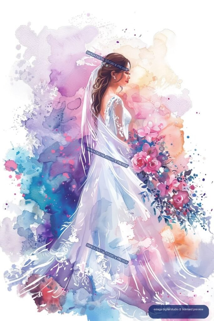Profile view of a bride in a flowing white gown and veil, surrounded by colorful watercolor flowers and paint splashes.