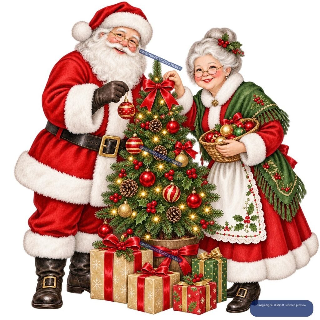Santa and Mrs. Claus decorate a lit Christmas tree surrounded by ornaments and wrapped gifts.