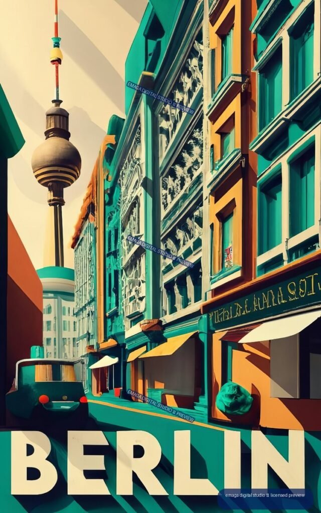 Stylized Berlin street scene with the Fernsehturm tower, colorful buildings, shopfronts, a car, and large BERLIN lettering at the bottom.