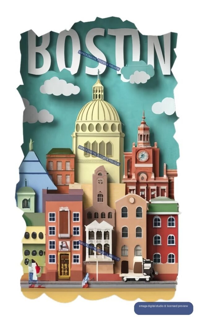 Layered paper-cut illustration of Boston buildings with a domed civic structure, clock tower, clouds, and large BOSTON lettering.
