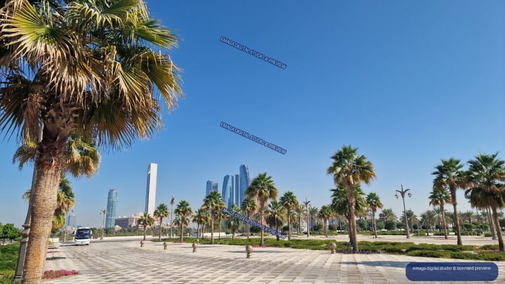 Palm-Lined Plaza and Modern Skyline Beneath a Clear Blue Sky — Qasr Al Watan, Abu Dhabi