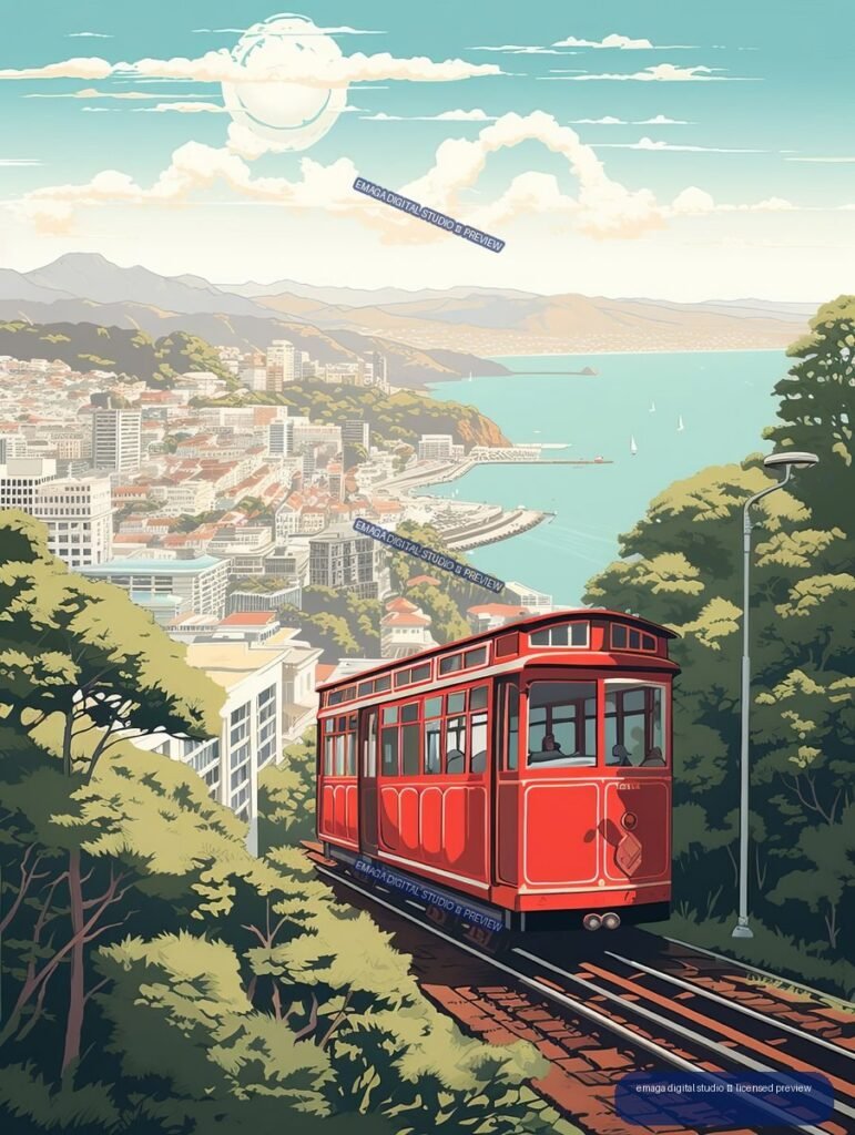 Red cable car traveling through wooded hills above a coastal city and turquoise harbour, with mountains and clouds beyond.