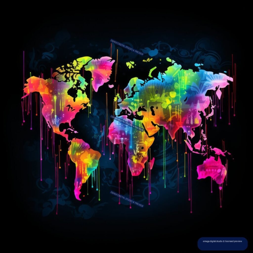 Bright neon graffiti-style world map with multicolored continents and dripping paint on a dark background.