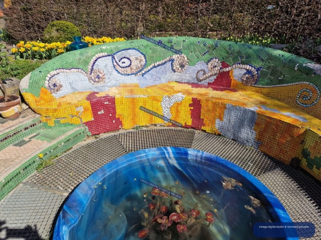 Colorful Mosaic Garden Bench and Water Basin with Lily Pond — Hortulus Gardens, Dobrzyca