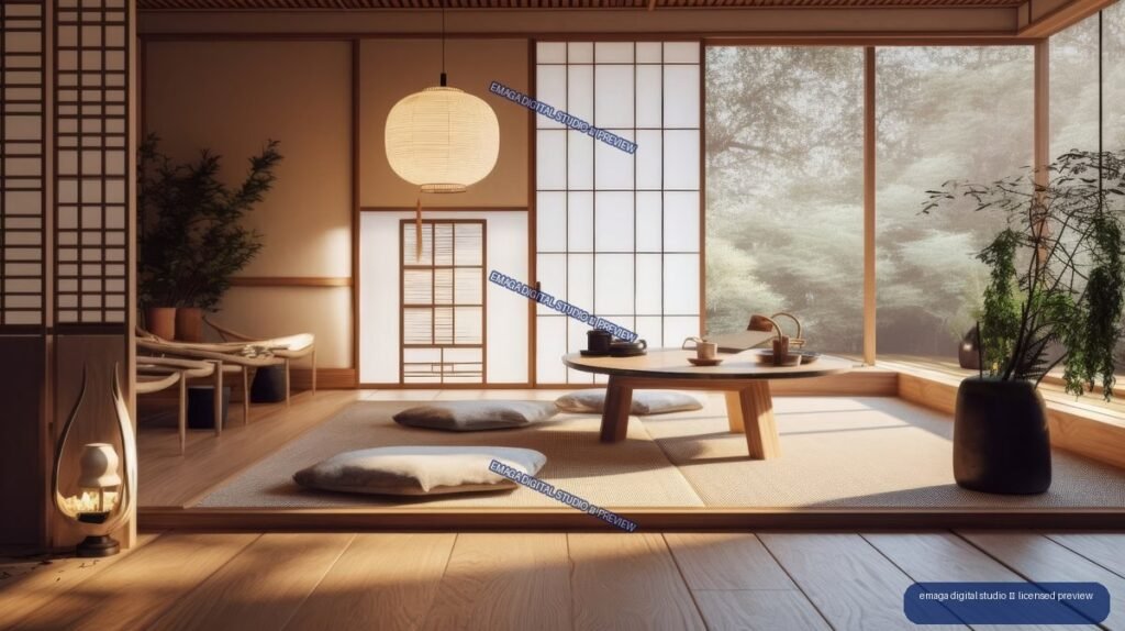 Warm minimalist Japandi living room with shoji screens, wooden floors, floor cushions, low tea table, plants, and large windows.
