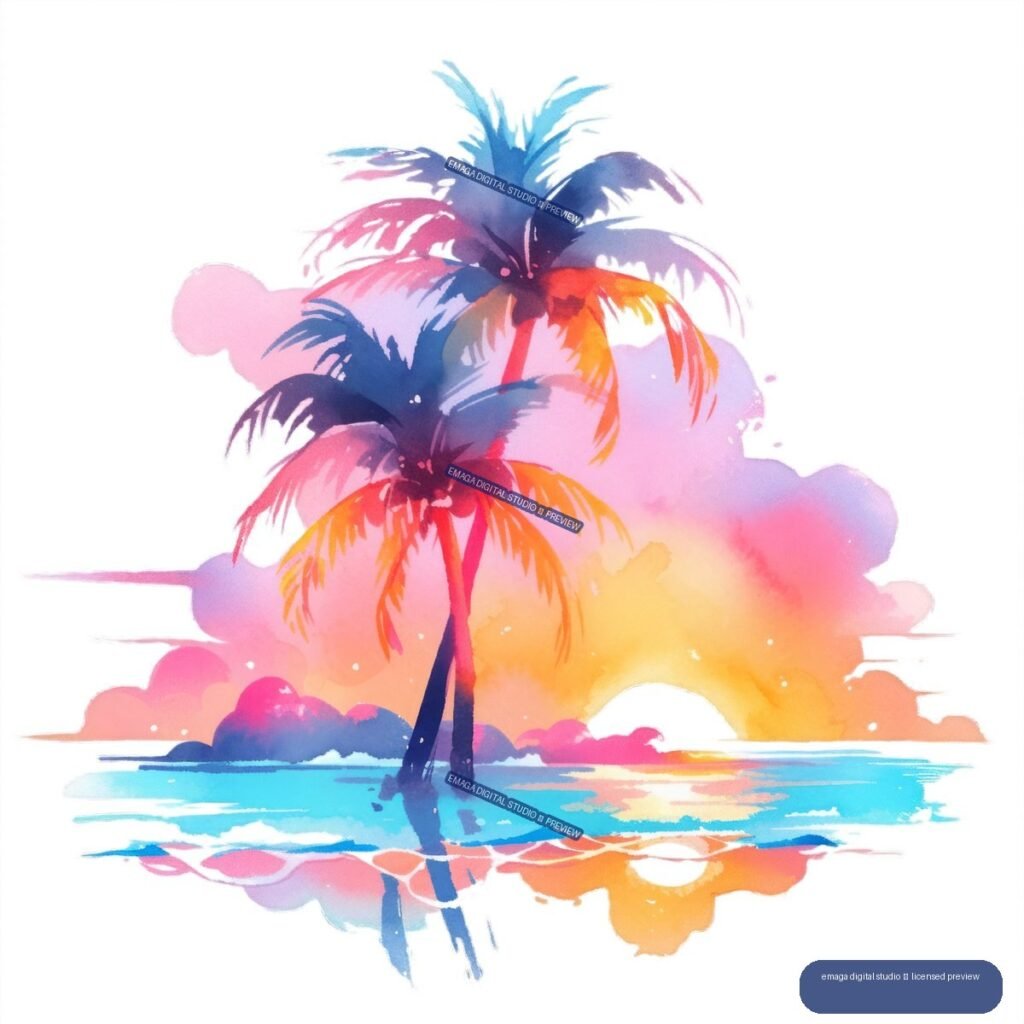 Colorful watercolor-style painting of palm trees silhouetted against a vivid sunset over reflective ocean water.