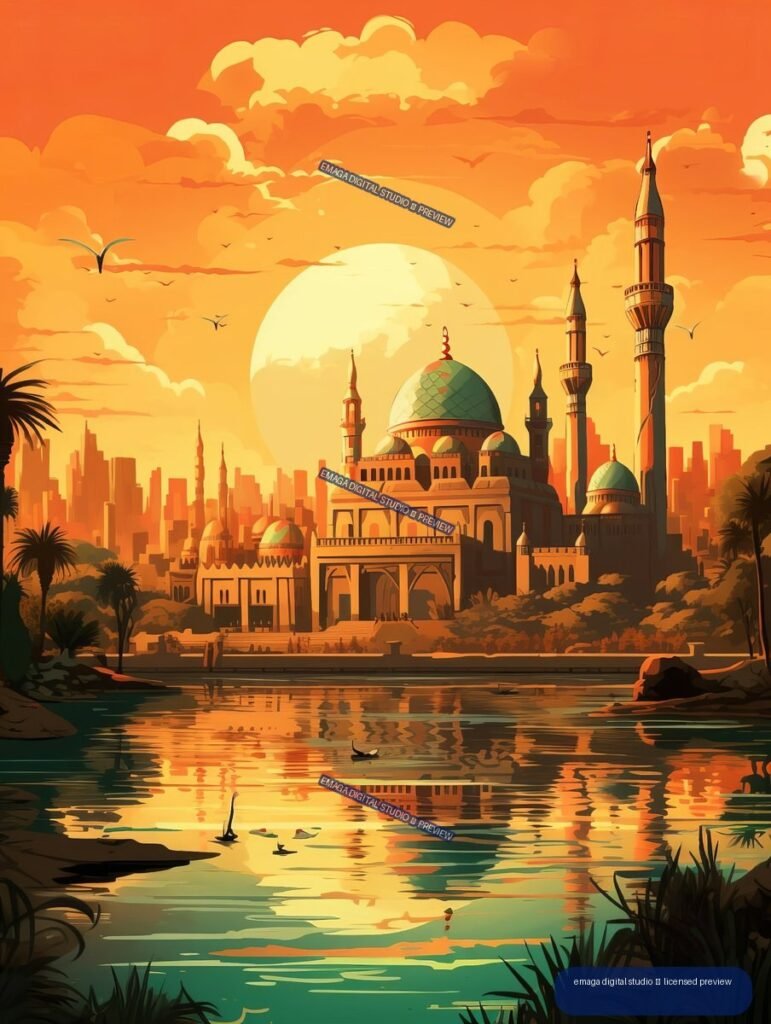 Stylized sunset cityscape with a domed mosque, tall minarets, palms, skyline, and reflections in a river.