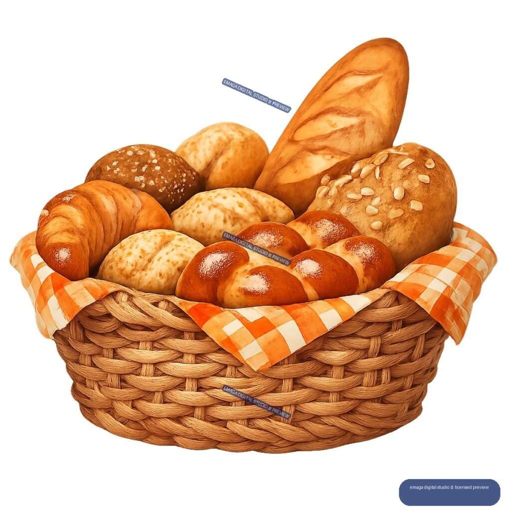 Wicker basket lined with an orange checkered cloth and filled with assorted breads and rolls, including a scored loaf, seeded loaf, croissant, and buns.