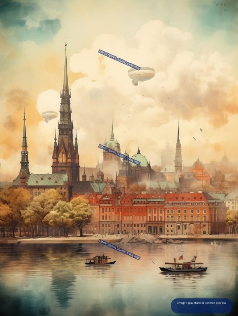 Vintage-style illustrated waterfront city with ornate towers, domes, airships, boats, and reflections under golden clouds.