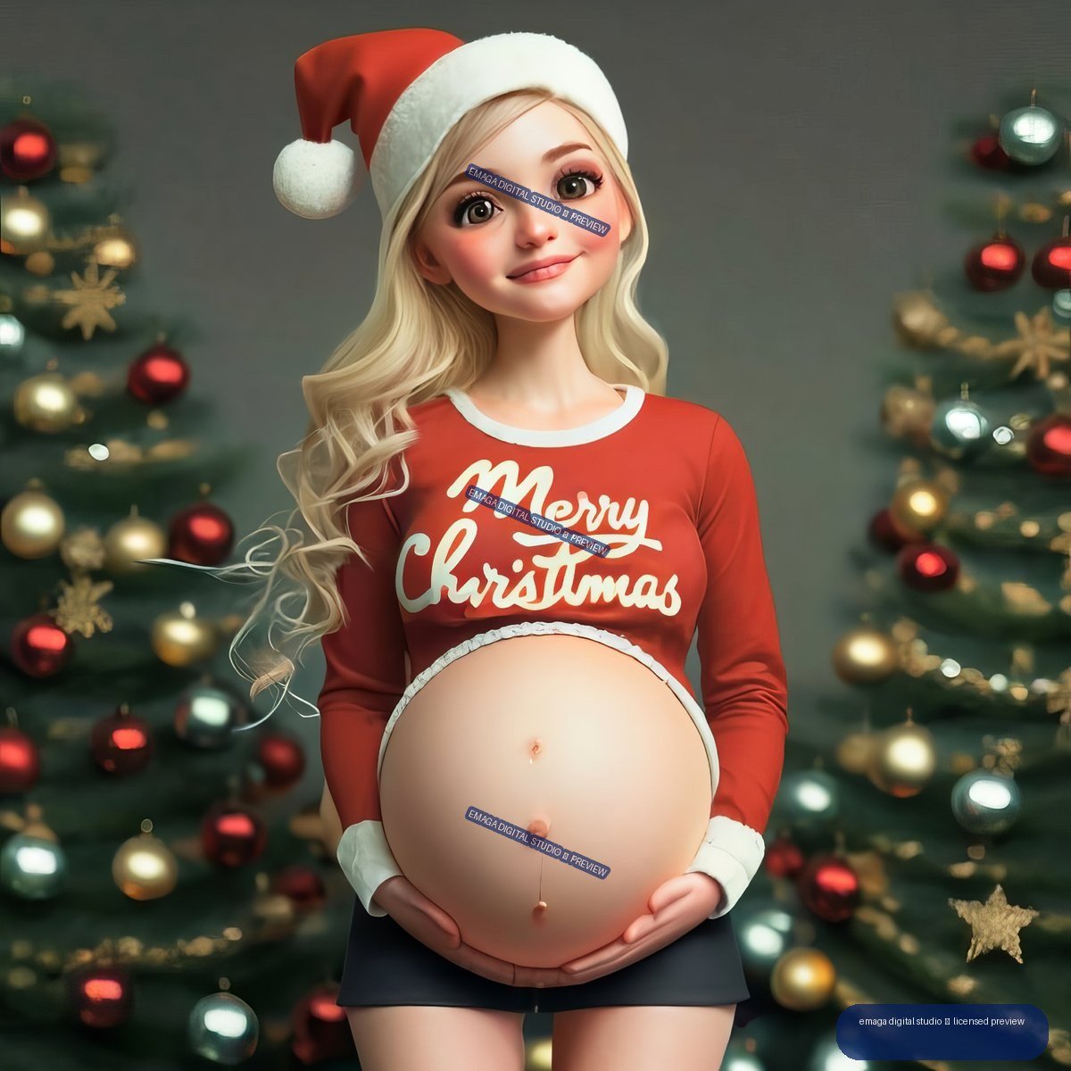 Cartoon-style pregnant woman in a Santa hat holding her belly in front of decorated Christmas trees.