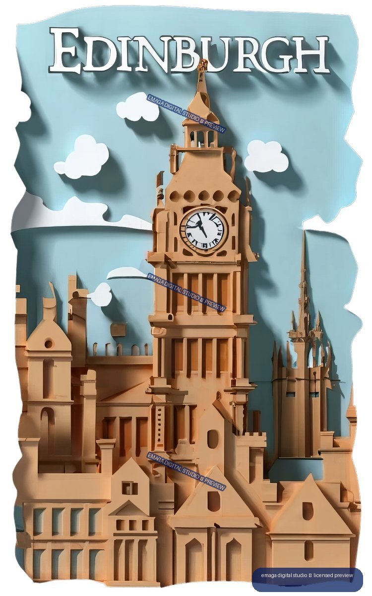 Layered paper-art illustration of Edinburgh architecture with a central clock tower, clouds, and EDINBURGH lettering.